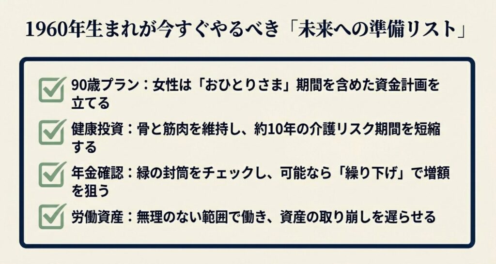 90歳プラン、健康投資、年金確認、労働資産の4つの重要ポイントをまとめたリスト。