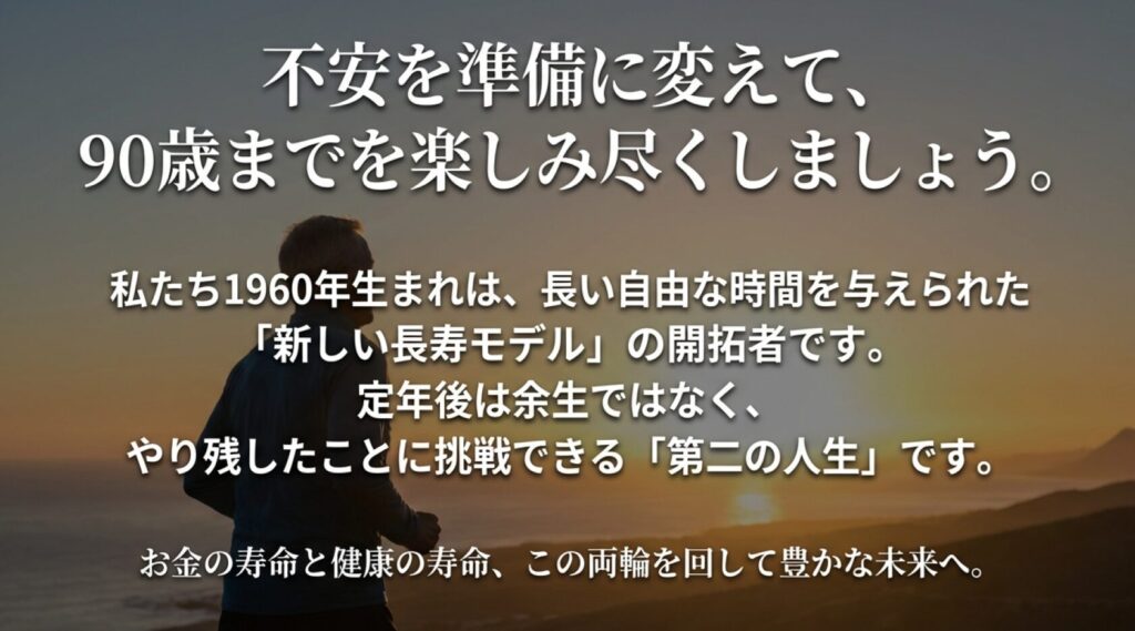 1960年生まれを「新しい長寿モデルの開拓者」と定義し、やり残したことに挑戦する豊かな未来を応援するメッセージ画像。
