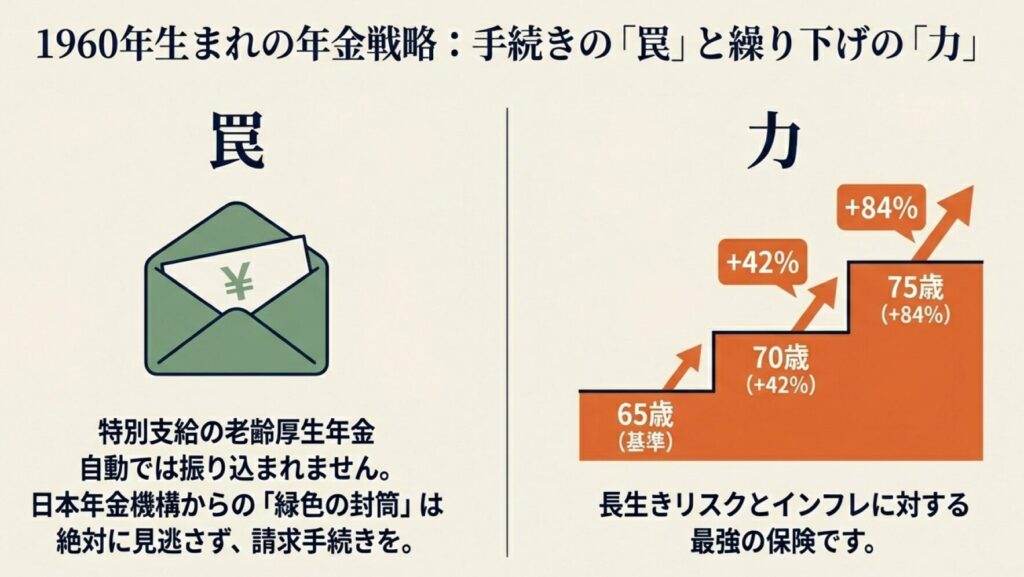 年金の受給開始を遅らせることで、70歳で42％、75歳で84％増額されることを示す階段状のグラフ。