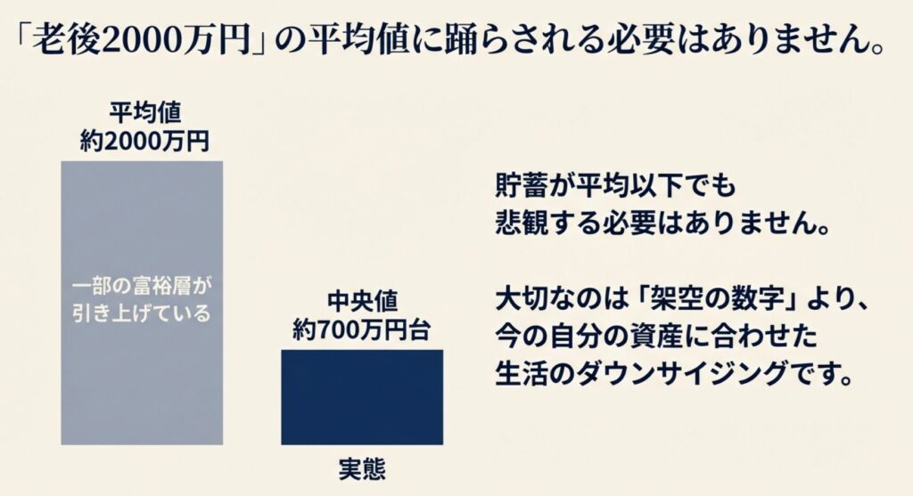老後資金2000万円という平均値と、実態に近い中央値700万円台を比較した図。