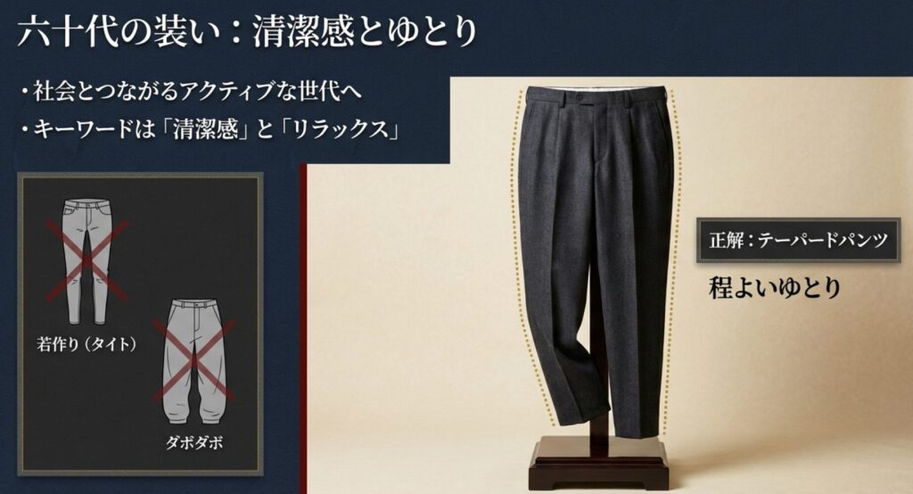 60代の装いの正解として、タイトすぎずダボダボすぎない、程よいゆとりのテーパードパンツを推奨する解説図。