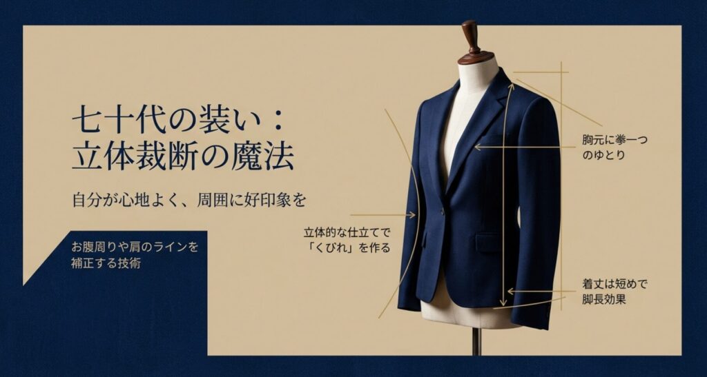 立体裁断でお腹周りや肩を補正し、着丈を短めにすることで脚長効果を生む70代向けジャケットのポイント。