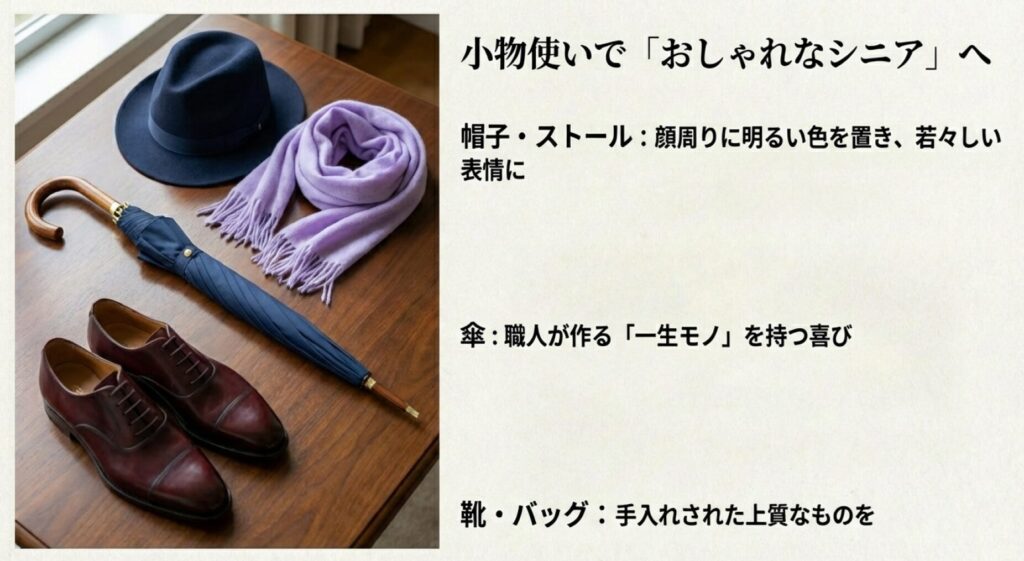 顔周りを明るくする帽子やストール、職人手作りの傘、上質な靴やバッグを使った小物使い