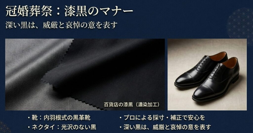 濃染加工の深い黒のスーツ、内羽根式の黒革靴、光沢のないネクタイなど、品格ある喪服の装い。