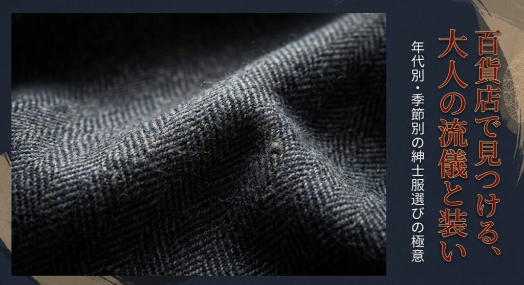 60代・70代に特化した本物の品揃えや、カジュアルからフォーマルまで揃う百貨店の魅力を紹介するスライド。