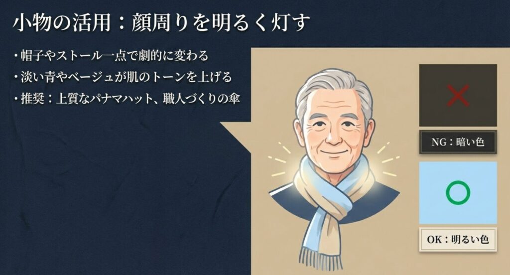 ストールや帽子で顔周りを明るくする例。淡い青やベージュが肌のトーンを上げ、若々しい印象を与える解説。