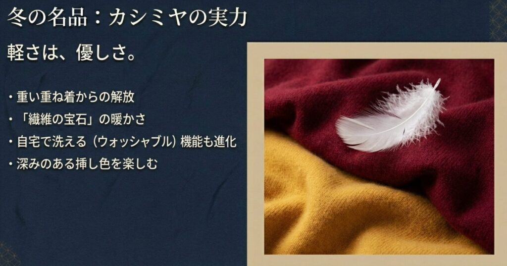 軽くて暖かいカシミヤの利点。重ね着の重さから解放され、洗える機能性や挿し色の楽しみを紹介。
