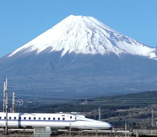 富士山の麓を走る新幹線