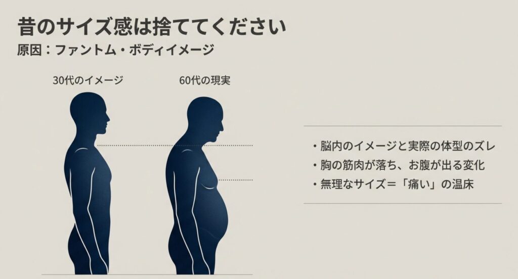 脳内のイメージと実際の体型のズレ 。胸の筋肉が落ち、お腹が出る変化 によって昔のサイズ感が無理なサイズとなり、「痛い」の温床になる原因 を解説した図解。