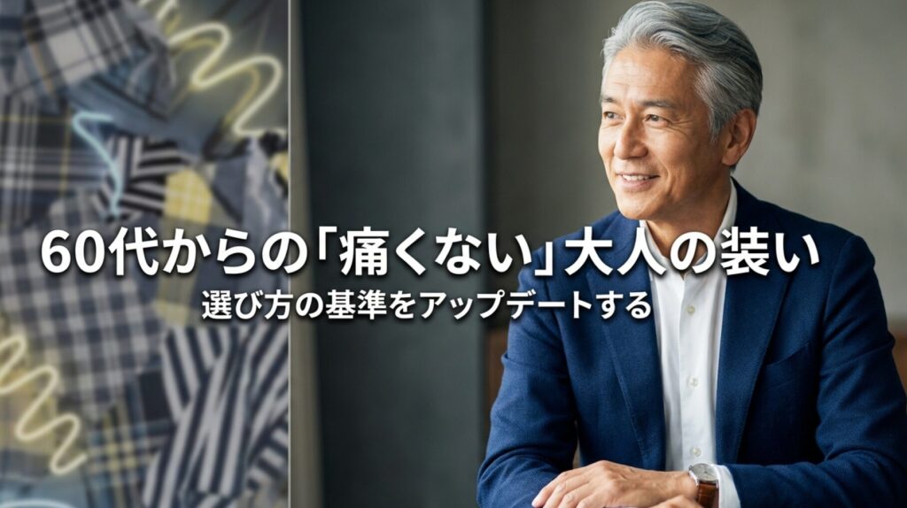 60代からの「痛くない」大人の装いと、選び方の基準をアップデートすることを伝える表紙スライド 。