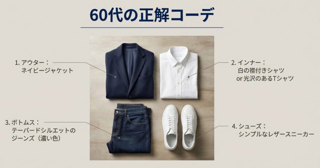 ネイビージャケット 、白の襟付きシャツ 、テーパードシルエットの濃い色ジーンズ 、シンプルなレザースニーカー を合わせた60代の正解コーデ 。