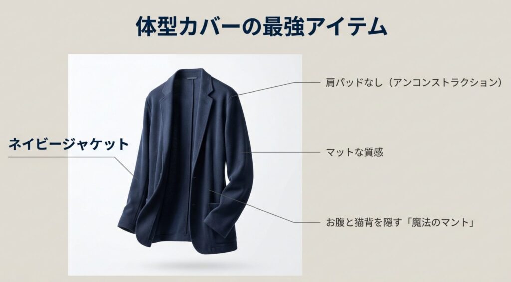 体型カバーの最強アイテム 。肩パッドなしでマットな質感のネイビージャケット が、お腹と猫背を隠す「魔法のマント」になる ことを解説した図解。