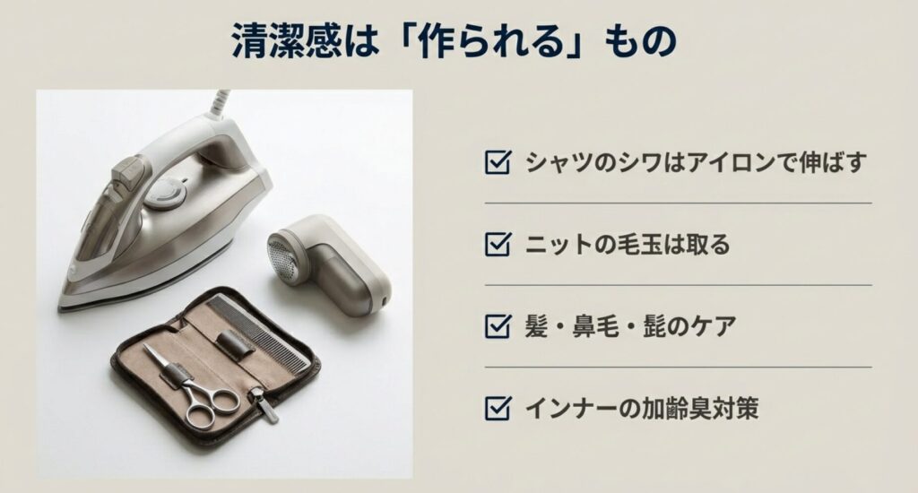 清潔感は「作られる」もの 。シャツのシワ伸ばし 、ニットの毛玉取り 、髪・鼻毛・髭のケア 、インナーの加齢臭対策 などのお手入れアイテム。