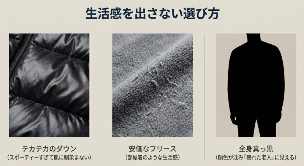 スポーティーすぎて肌に馴染まないテカテカのダウン 、部屋着のような生活感が出る安価なフリース 、顔色が沈み「疲れた老人」に見える全身真っ黒のコーディネート など、生活感を出さない選び方の解説 。