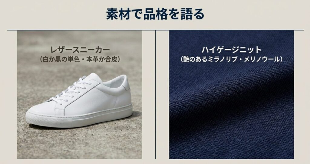 素材で品格を語るためのアイテム選び 。白か黒の単色で本革か合皮のレザースニーカー や、艶のあるミラノリブ・メリノウールのハイゲージニット 。