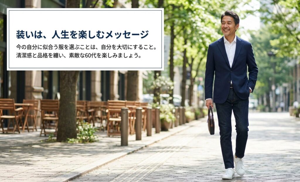 装いは、人生を楽しむメッセージ 。今の自分に似合う服を選ぶことは自分を大切にすることであり、清潔感と品格を纏い、素敵な60代を楽しもうというメッセージ 。