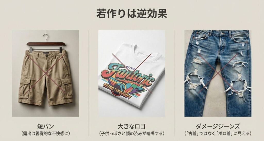 視覚的な不快感に繋がる短パン 、若作りが逆効果となる大きなロゴの服 、ボロ着に見えるダメージジーンズ のNG例。