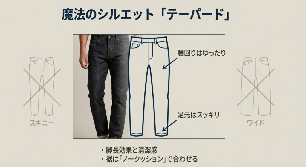 魔法のシルエットである「テーパード」 。腰回りはゆったり で足元はスッキリ しており、脚長効果と清潔感がある 。裾はノークッションで合わせる ことを解説した図解。