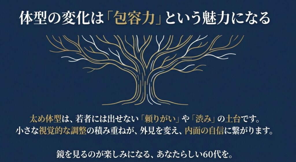 体型の変化は包容力という魅力になる。ファッションを楽しんで自信のある60代へ。