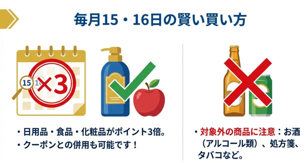 毎月15・16日のポイント3倍デーにおける対象商品。日用品や食品は対象だが、お酒（アルコール類）は対象外であることを示す×印のイラスト。