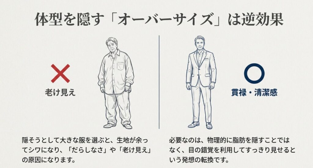 体型を隠すオーバーサイズは逆効果。だらしなさや老け見えの原因になります。