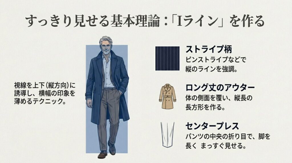 すっきり見せる基本理論「Iライン」を作る。ストライプ柄やロング丈のアウターを活用。