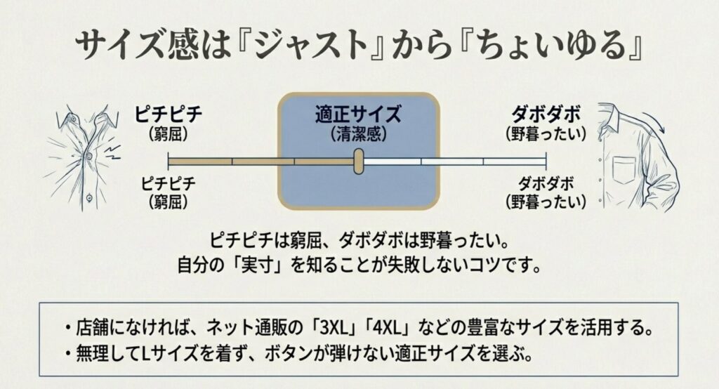 シャツのサイズ感はジャストからちょいゆる。ピチピチは窮屈、ダボダボは野暮ったい印象に。