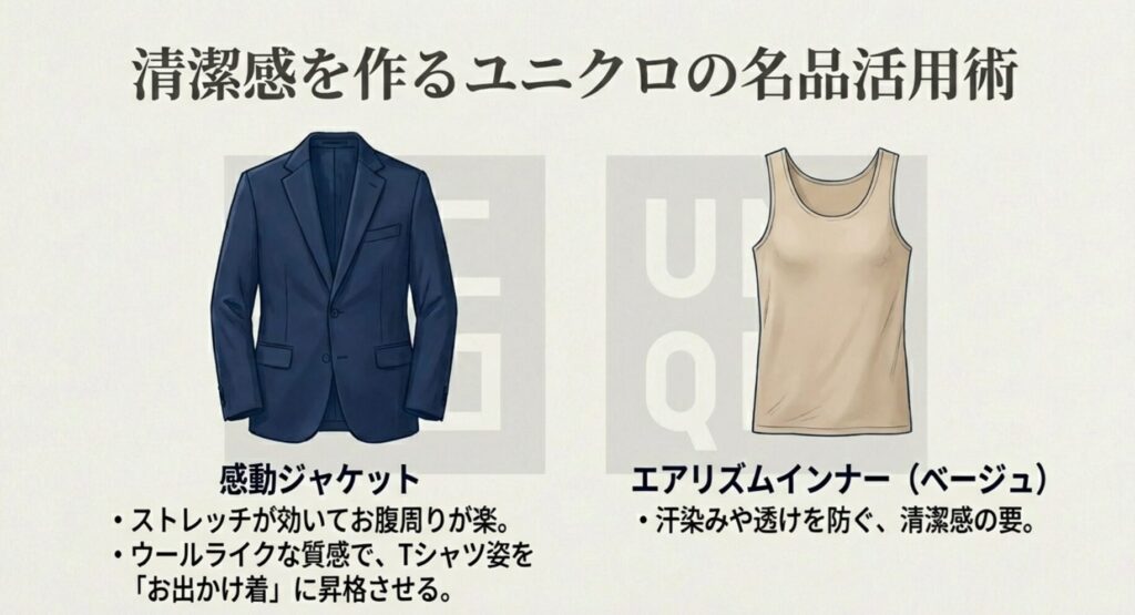 清潔感を作るユニクロの名品活用術。感動ジャケットとエアリズムインナー。