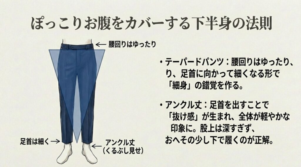 ぽっこりお腹をカバーする下半身の法則。テーパードパンツとアンクル丈で足首を細く見せる。