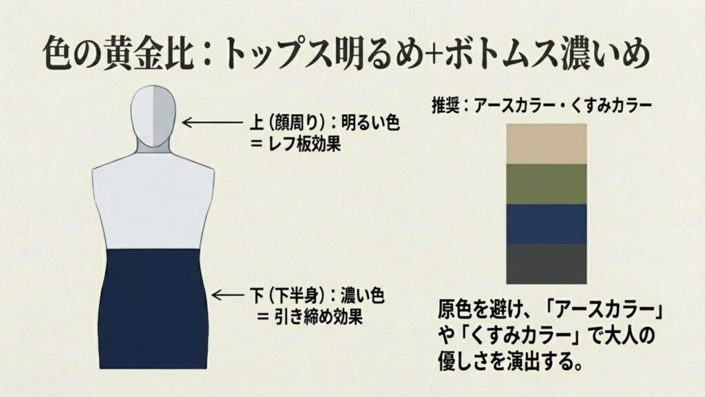 色の黄金比。トップスは明るめでレフ板効果、ボトムスは濃いめで引き締め効果。