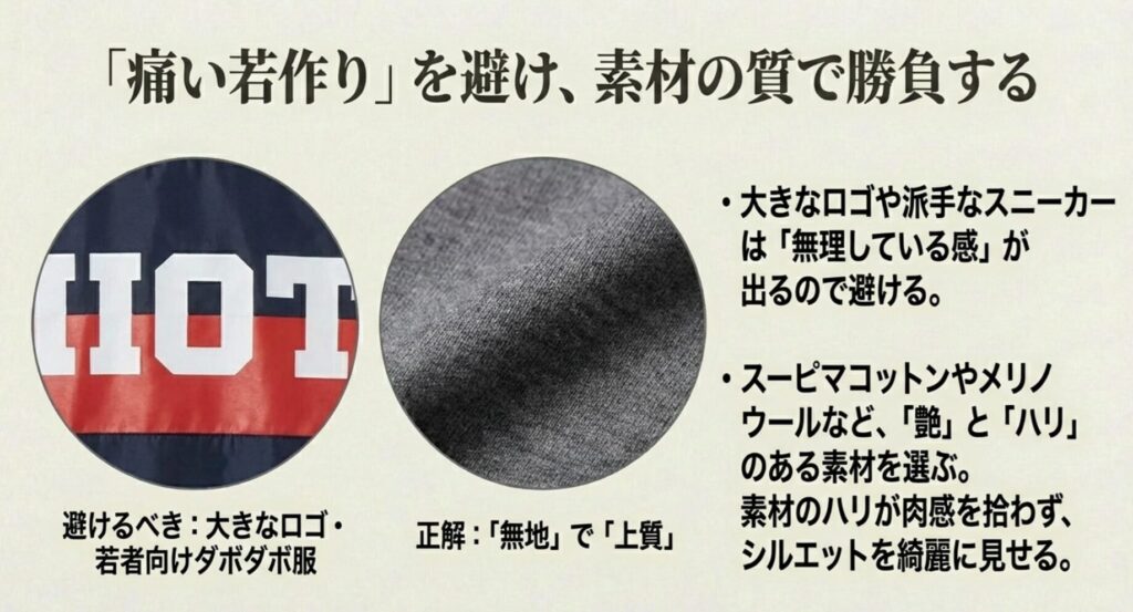  痛い若作りを避け、素材の質で勝負する。大きなロゴは避け、無地で艶とハリのある素材を選ぶ。