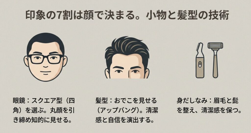  印象の7割は顔で決まる。スクエア型の眼鏡とアップバング、眉毛の手入れで清潔感を。
