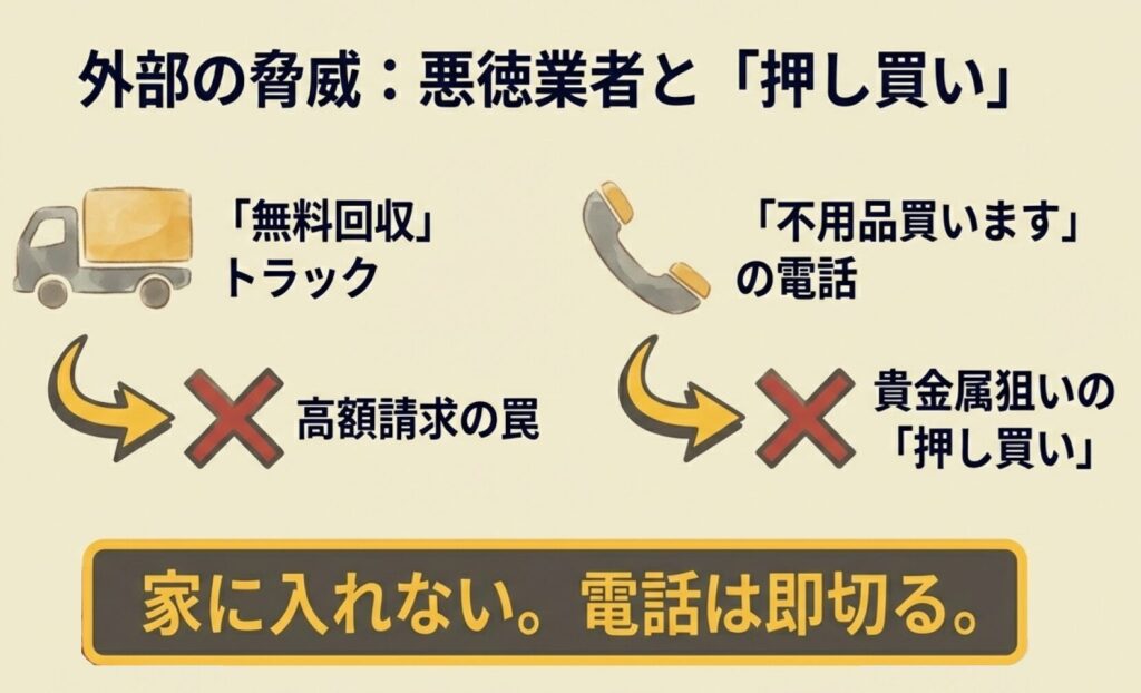 高齢者を狙う悪徳業者の手口。無料回収トラックの高額請求や、貴金属を狙う押し買い（訪問購入）に注意。電話は即切る、家に入れないことが対策。
