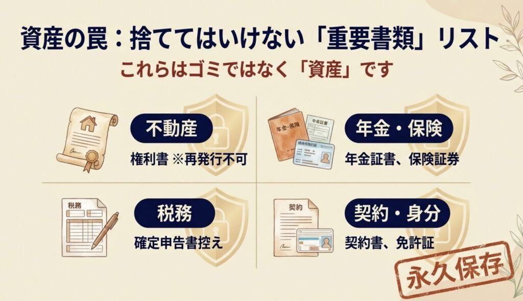 断捨離で捨ててはいけない重要書類リスト。不動産権利書、税務申告書控え、年金証書、保険証券、契約書などは再発行が難しいため資産として扱う。