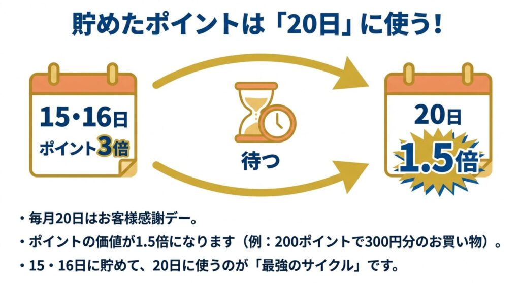 ウエルシアでの賢い買い方サイクル図。15・16日に3倍でポイントを貯め、20日まで待って1.5倍の価値で使う流れを表現。