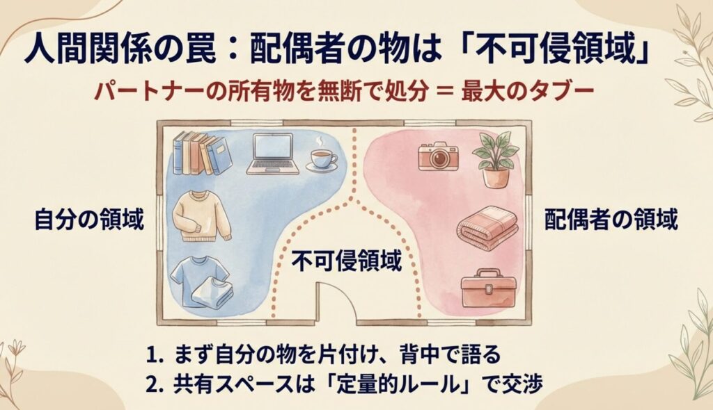 夫婦間の断捨離トラブルを防ぐルール。配偶者の持ち物は「不可侵領域」とし、無断で処分しない。まずは自分の領域から片付け、背中で語るのがコツ。