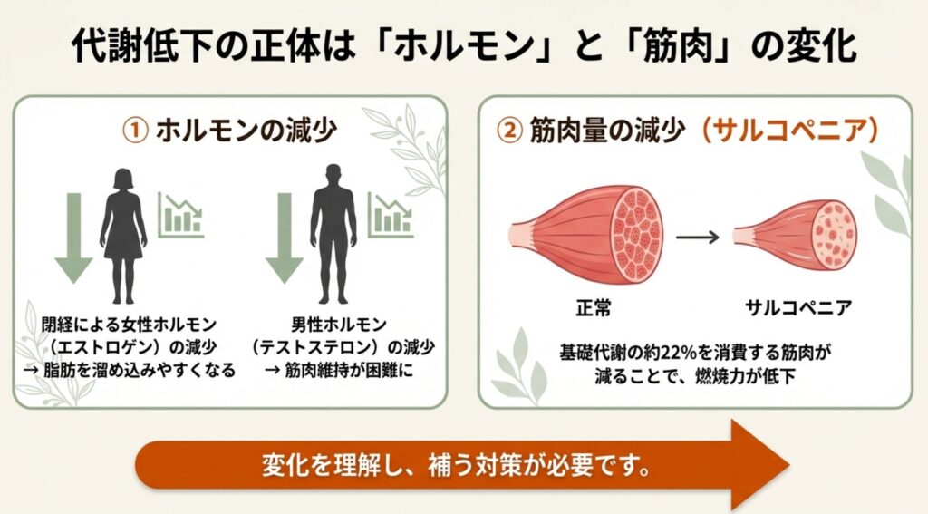 加齢による男女別のホルモン減少と体への影響を示すイラスト