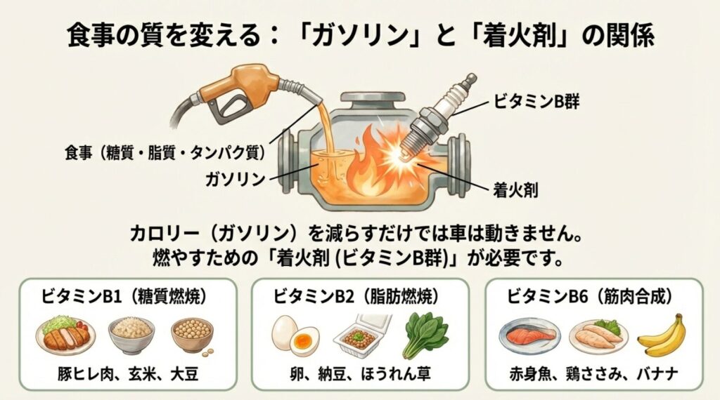 食事（ガソリン）を燃やすためのビタミンB群（着火剤）の役割解説図