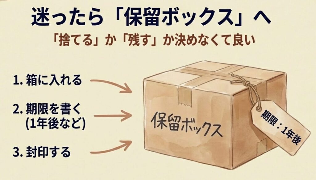 迷ったら保留ボックスへ。1.箱に入れる、2.期限（1年後など）を書く、3.封印する。期限が来たら再審査し、無くても平気なら手放す手順。
