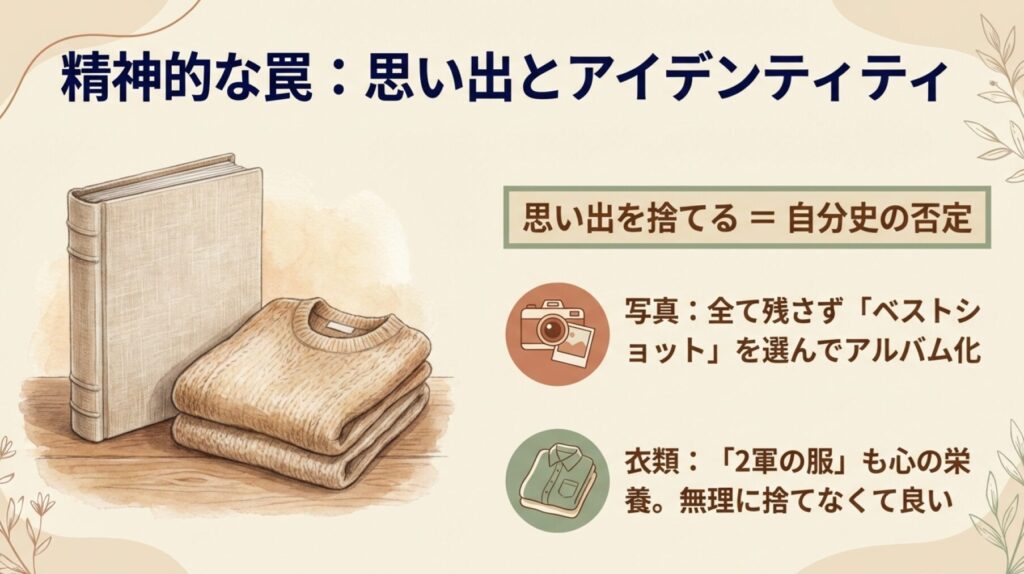 思い出の品を捨てる際の精神的な罠。思い出を捨てることは自分史の否定に繋がるため無理は禁物。写真はベストショットを選んでアルバム化、服は2軍でも心の栄養になる。