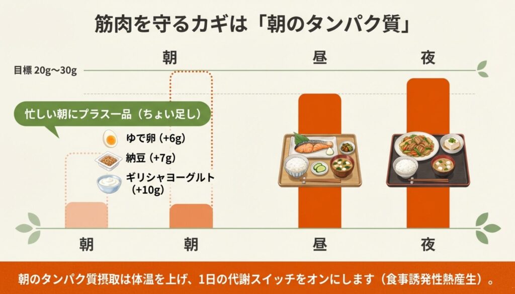 朝食でのタンパク質摂取目標量とちょい足し食材の例