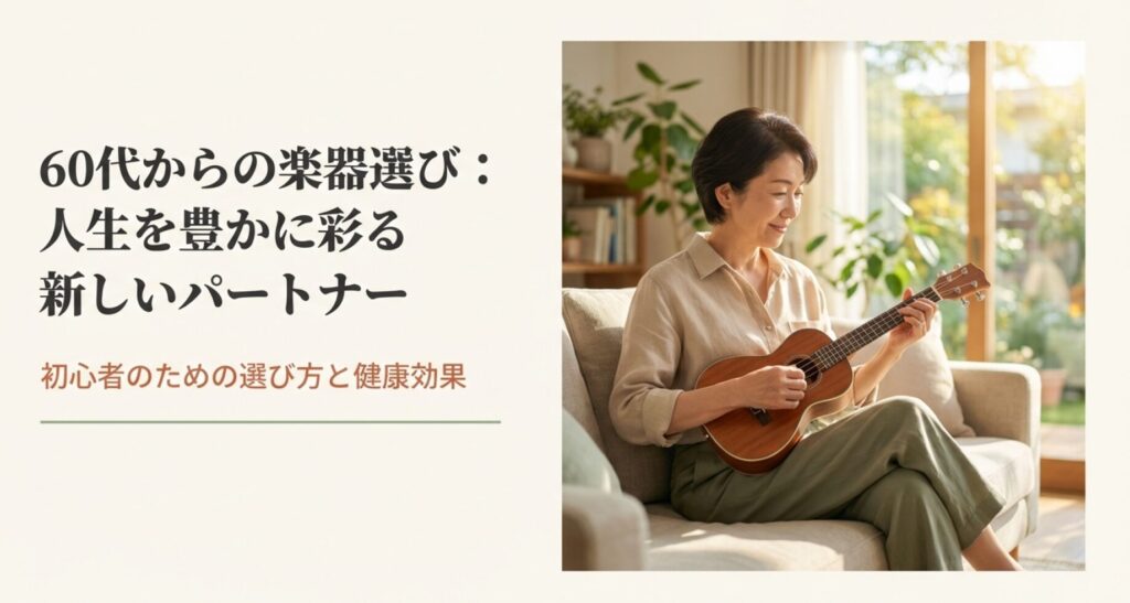 60代から始める楽器の選び方と健康効果について解説したスライド。室内でウクレレを弾く女性のイラスト。