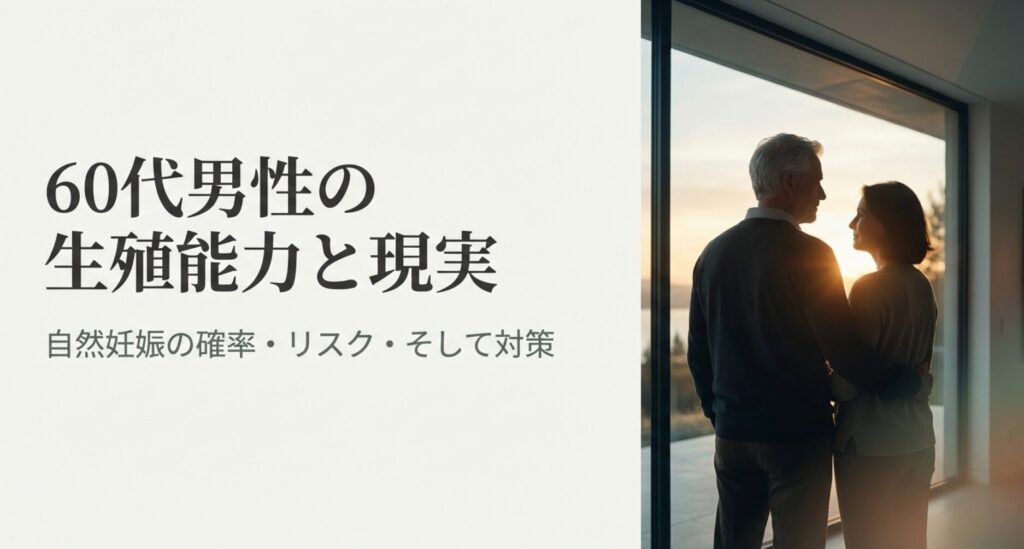 60代男性の生殖能力の現状と自然妊娠のリスクについて解説するスライドの表紙