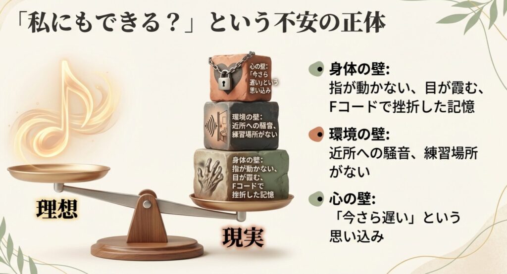 初心者が直面する「心の壁」「身体の壁」「環境の壁」という3つの挫折要因を整理した図解スライド。