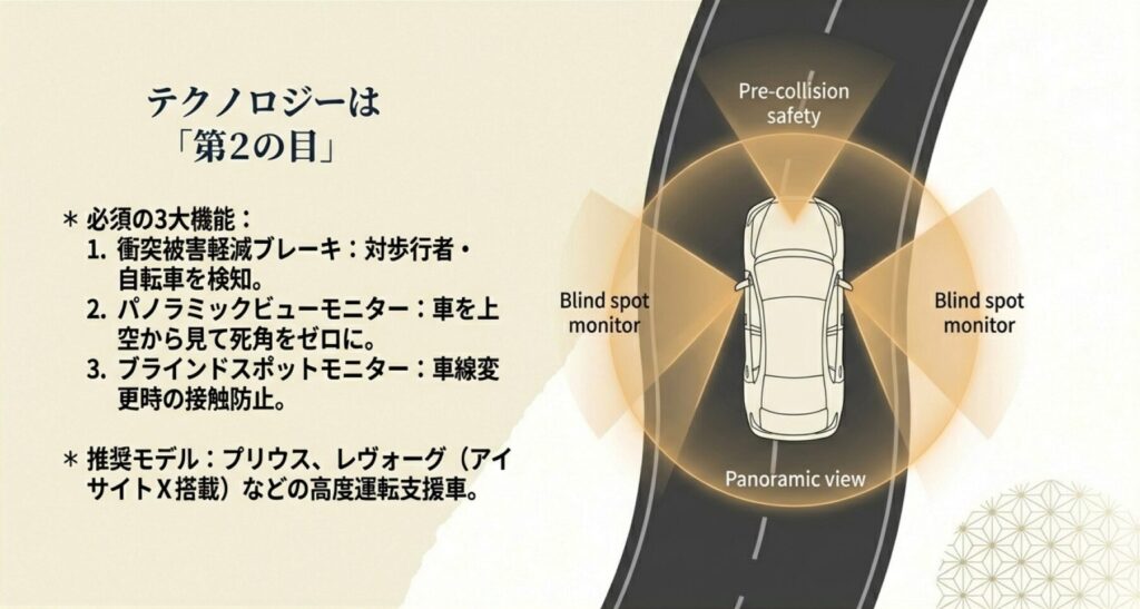 衝突被害軽減ブレーキやパノラミックビューモニターなどシニア必須の安全機能
