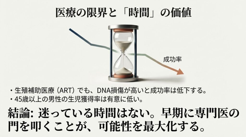 加齢と共に低下する成功率と時間の経過を表す砂時計のイラスト。「迷っている時間はない」というメッセージ

