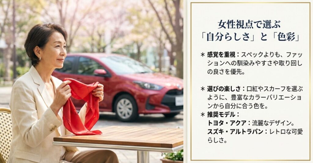 ファッションやメイクのように自分に合う色を楽しむ女性シニアの車選び