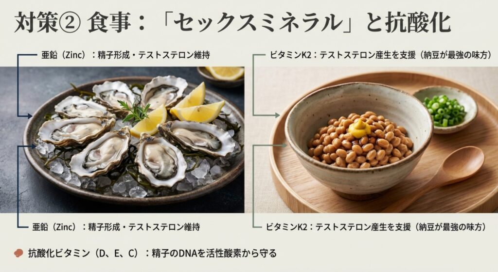 生殖機能維持に効果的な食材の写真。亜鉛を多く含む牡蠣と、テストステロン産生を支援する納豆