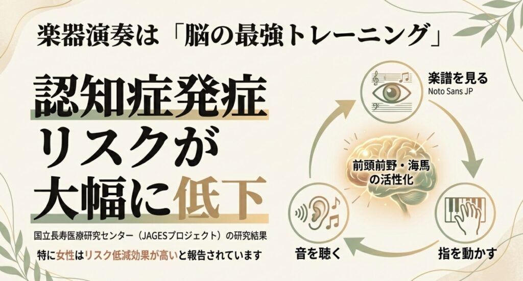 楽器演奏が認知症リスクを大幅に低下させること、前頭前野や海馬を活性化させる仕組みを解説したスライド。