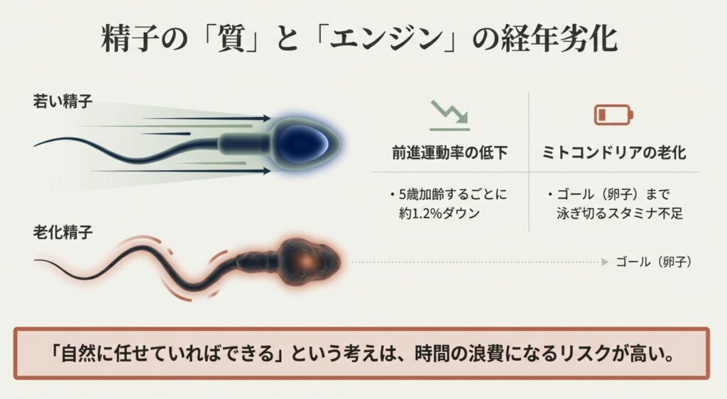 若い精子と老化精子の比較図。ミトコンドリアの老化により推進力が低下し、卵子まで泳ぎ切るスタミナが不足する様子